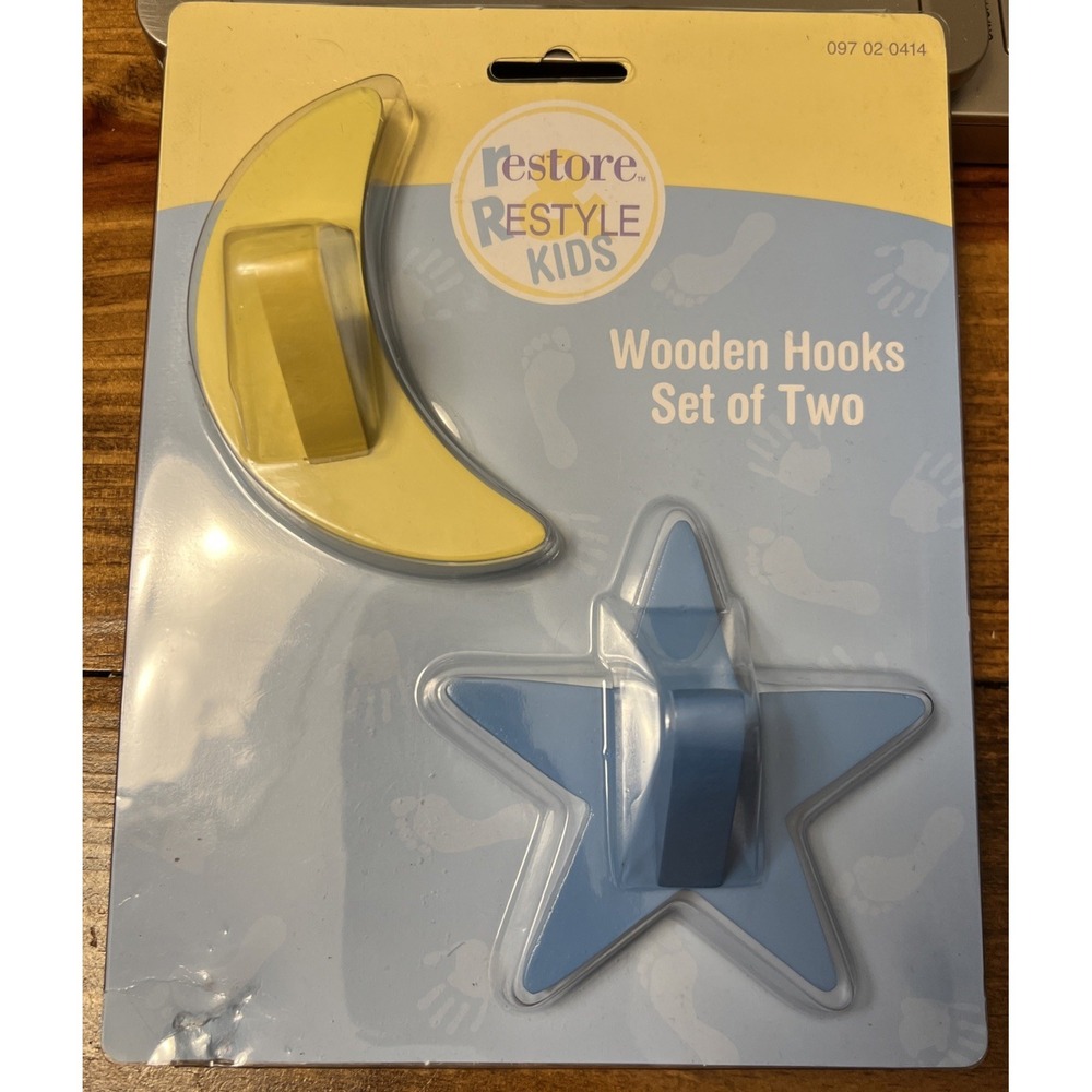 Restore Restyle Kids Wooden Hooks Yellow Moon Blue Star Celestial 2pc Set NEW